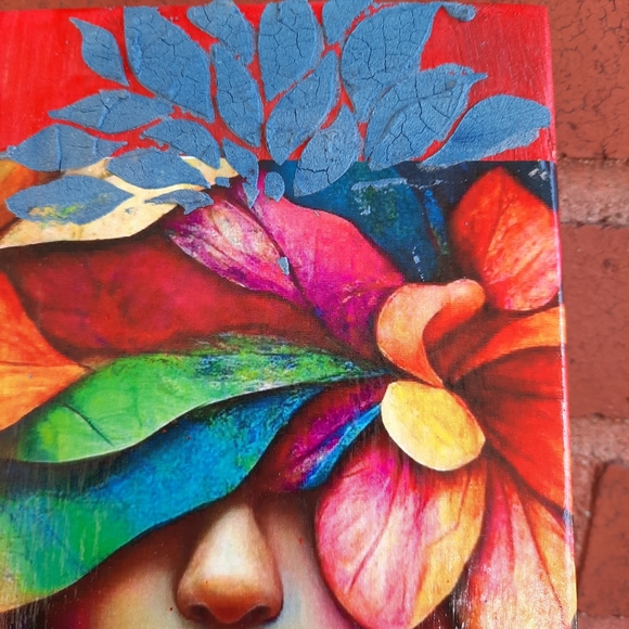 A colorful women in a field of flowers, wall hanging wood art mixmedia - Picture 2 of 9